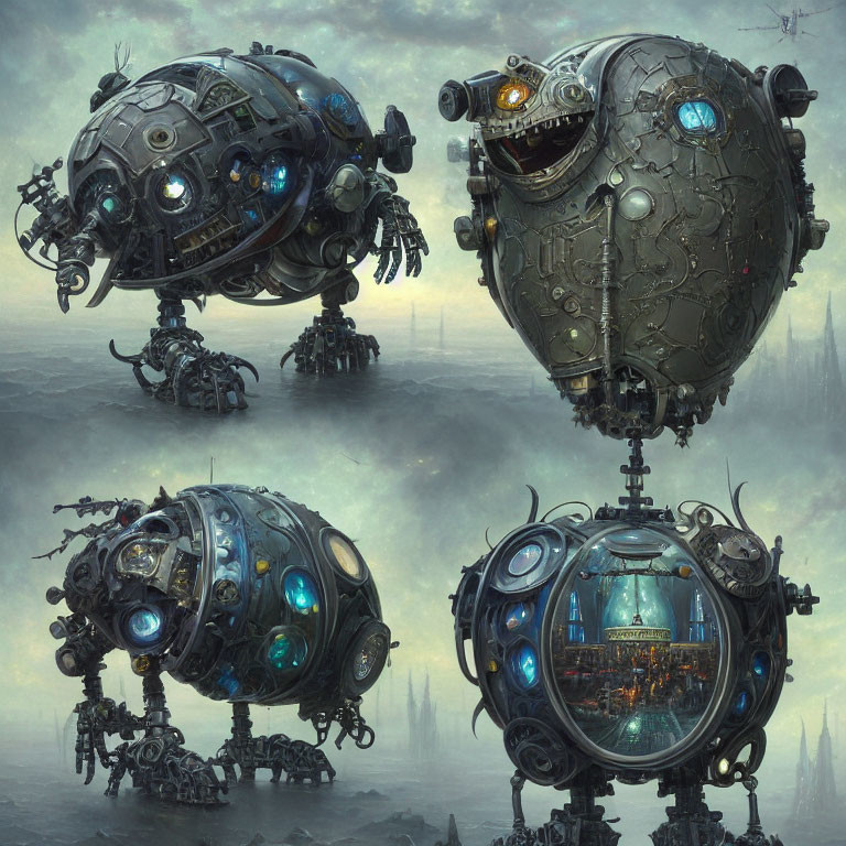 Four spherical mechanical robots in misty industrial landscape