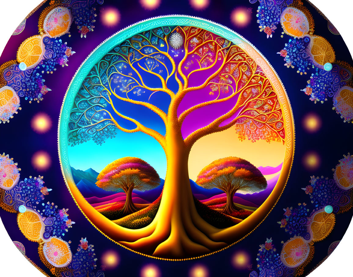 Colorful Circular Tree Artwork with Floral Patterns on Twilight Landscape