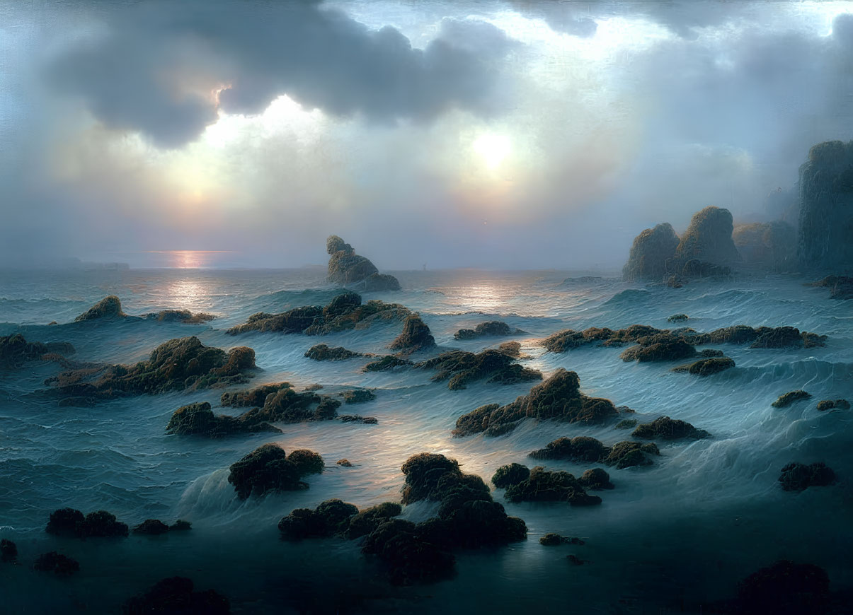 Tranquil twilight seascape with moss-covered rocks and sunlit stormy sky