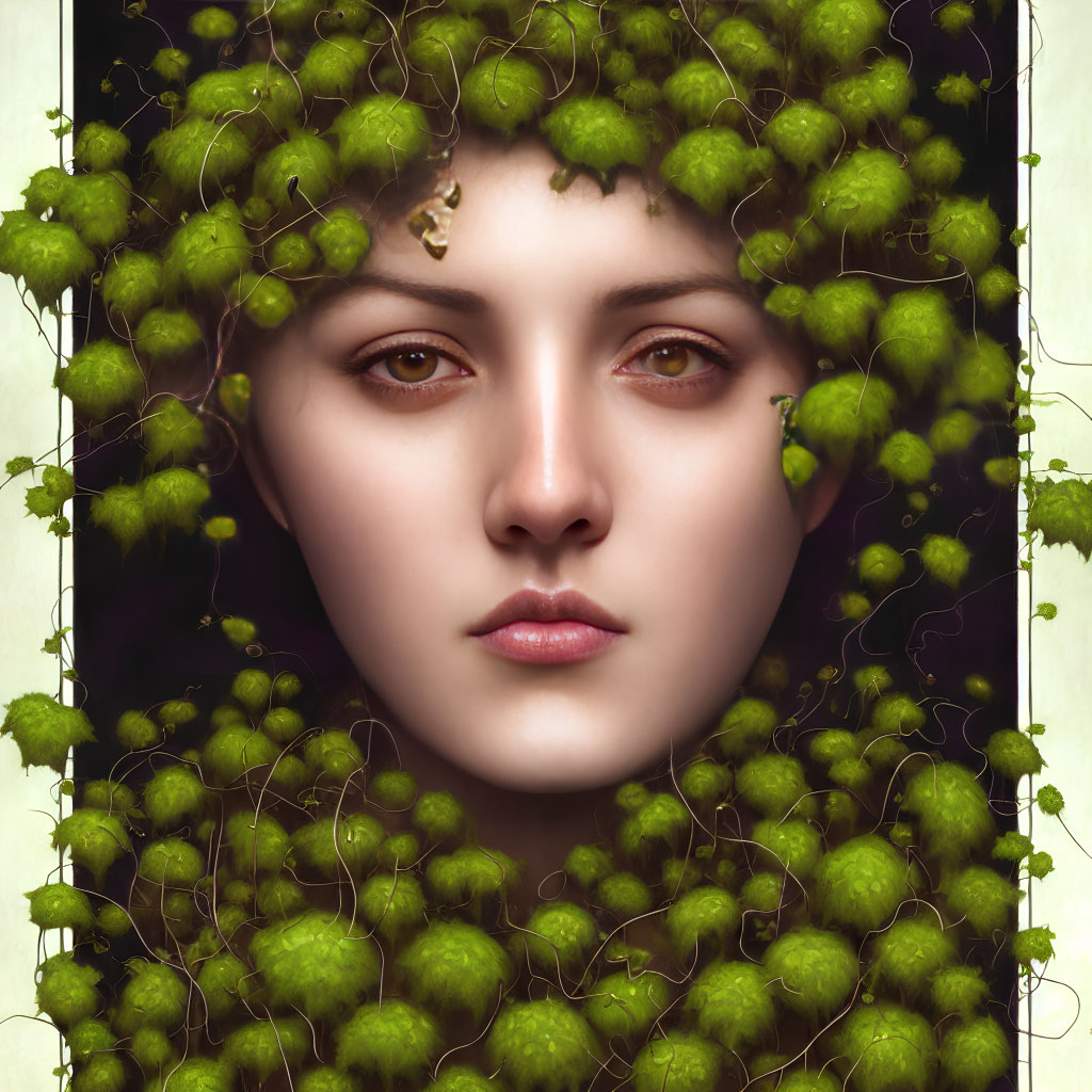 Woman's Face Framed by Lush Greenery and Moss-Like Textures