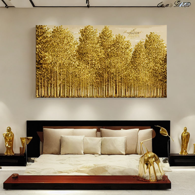 Modern Bedroom with Large Golden Forest Painting & Golden Accents