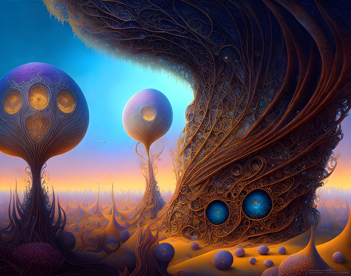 Fantastical landscape with glowing orbs and ornate tree-like structures