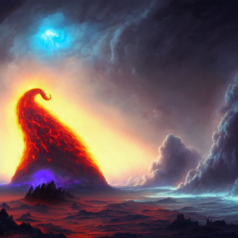 Fantasy Artwork: Colossal lava creature under stormy sky