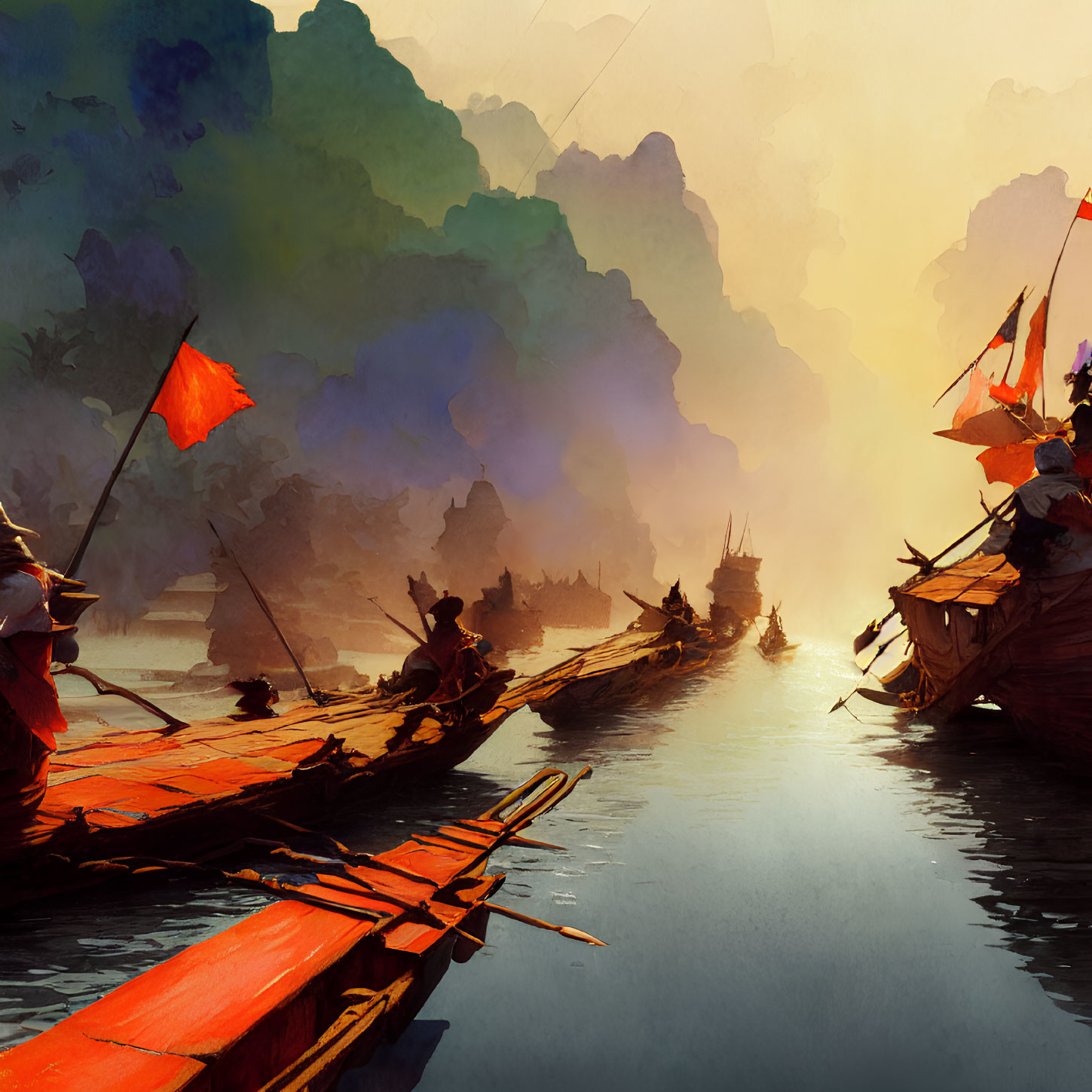 Traditional boats on calm river with red flag, misty mountains, golden sunrise