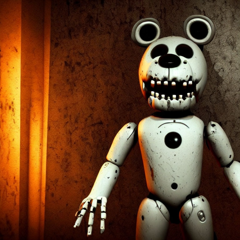 Menacing worn-out robotic bear with visible endoskeleton parts in dark, grungy setting with