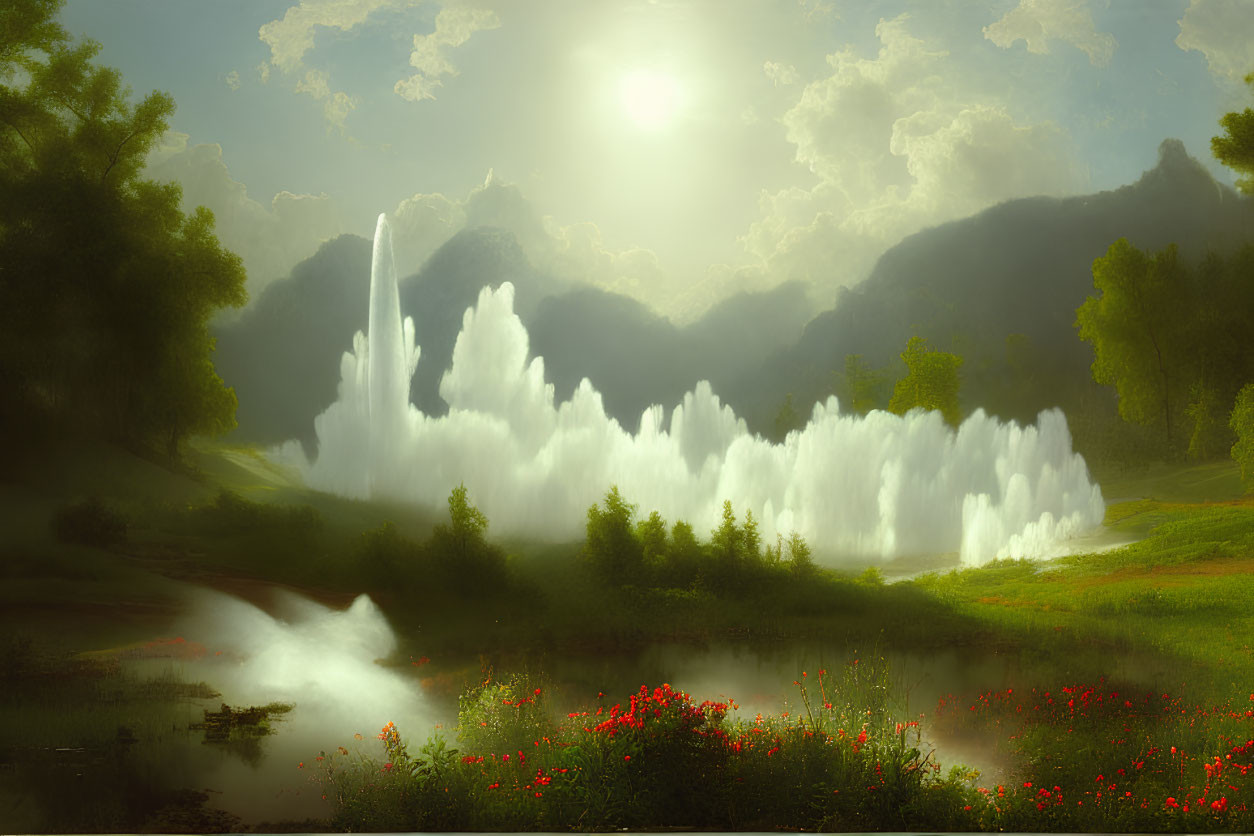 Tranquil landscape with fountain, sunlight, greenery, trees, red flowers, and mountains