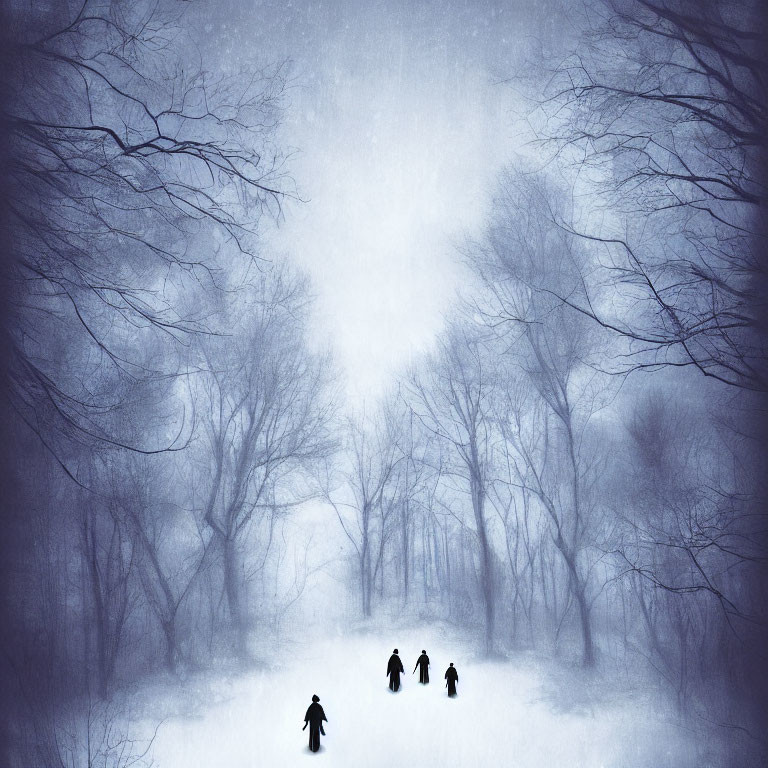 Figures walking in snowy forest with bare trees and foggy atmosphere