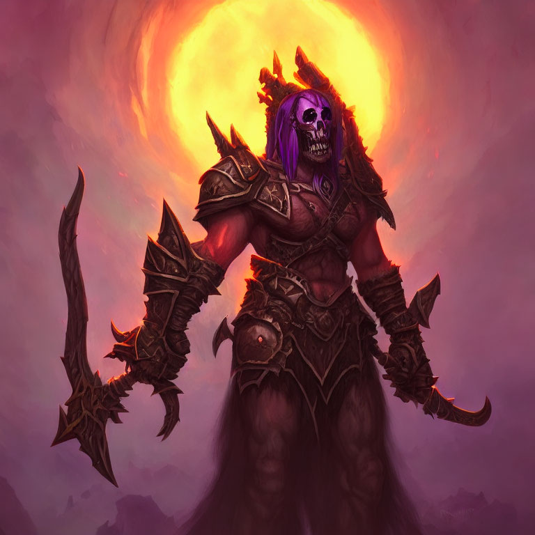 Skeletal warrior in ornate armor with fiery orb in purple sky