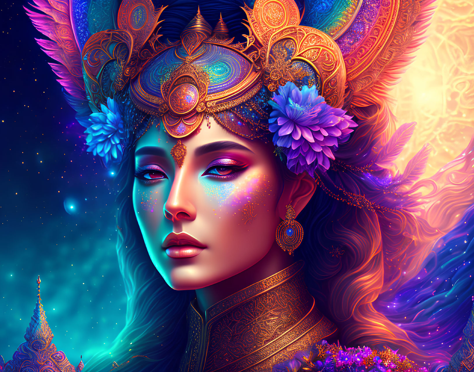 Colorful digital artwork: Woman with golden headdress in cosmic setting