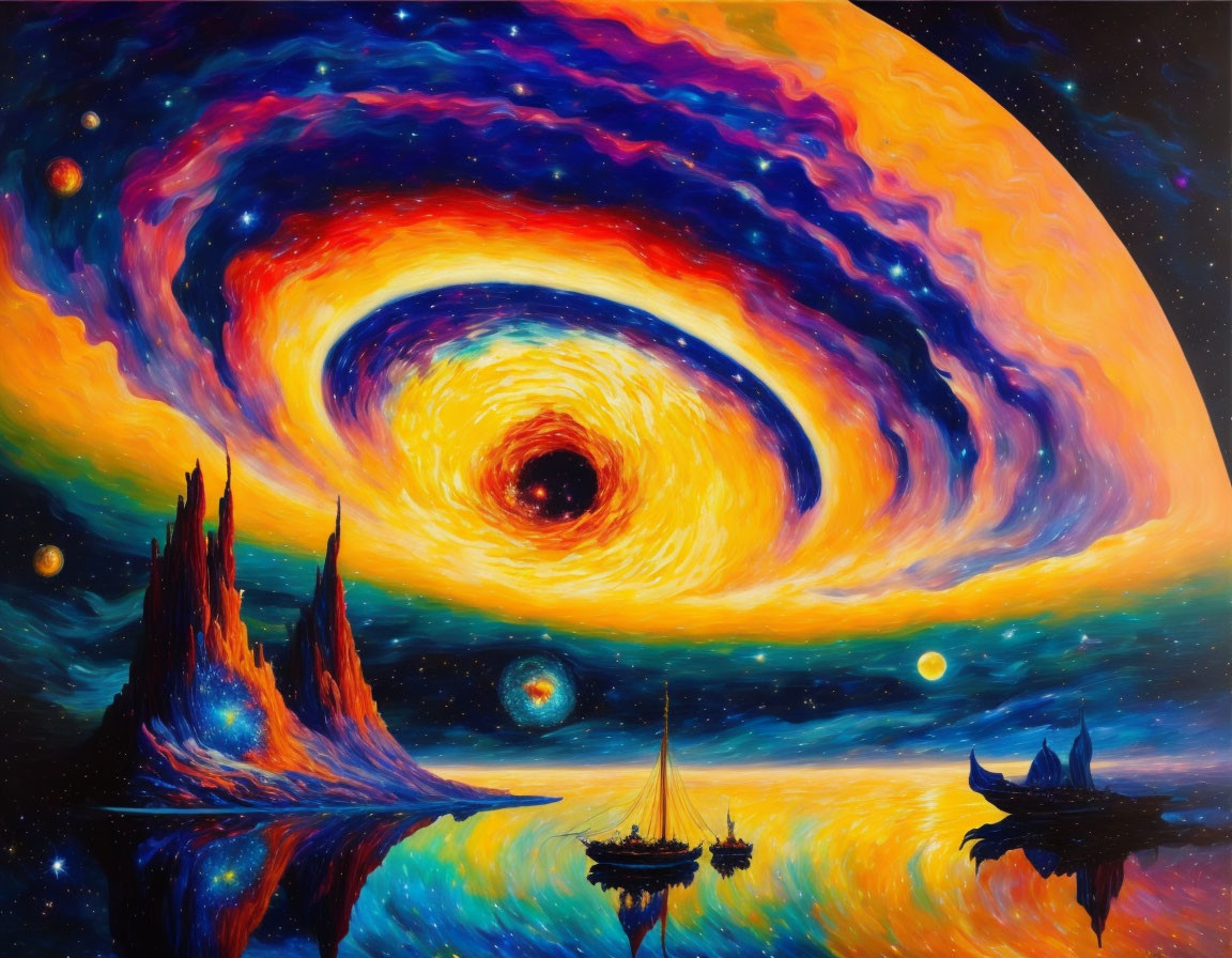 Colorful cosmic painting with swirling galaxy, celestial bodies, and sailing ships on calm waters.