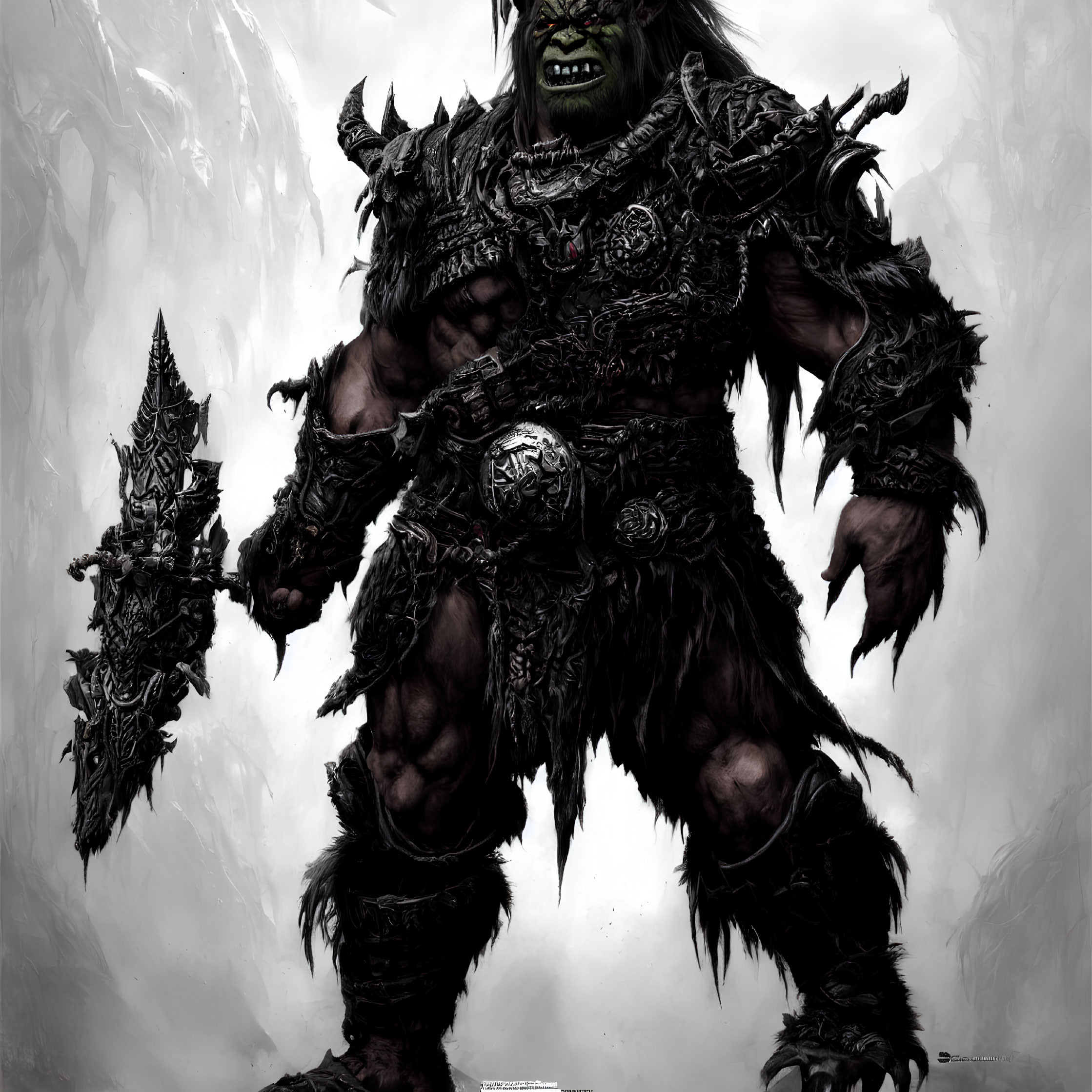 Menacing orc warrior in heavy armor with jagged sword in snowy mountains