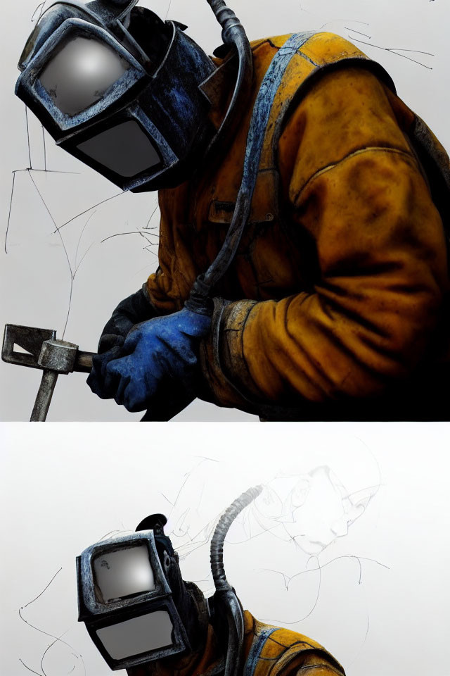 Illustration of person in welding gear: near-complete drawing above, initial sketch below