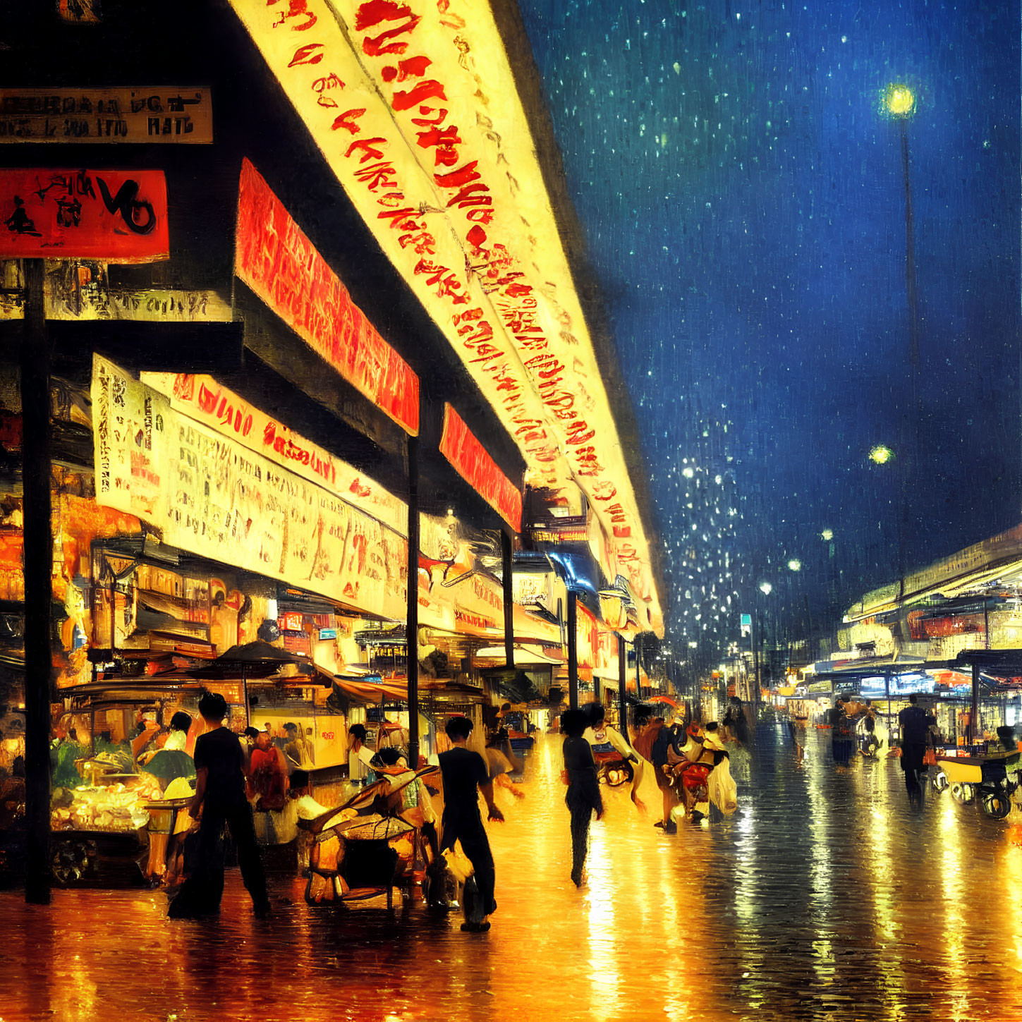 Vibrant night market scene with food stalls and glowing signs in rainy ambiance