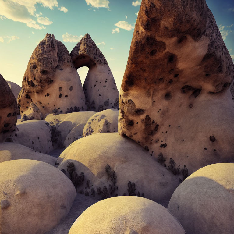 Conical Rock Formations Among Round Boulders at Dusk