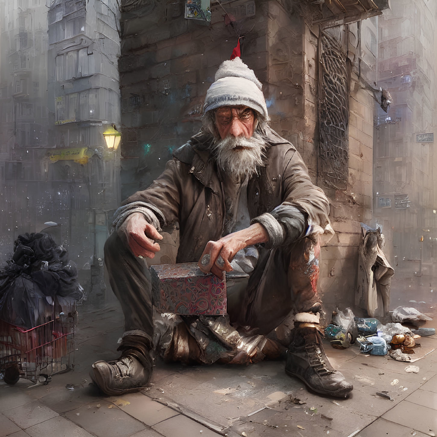 Elderly man with beard holding box in tattered clothes surrounded by trash