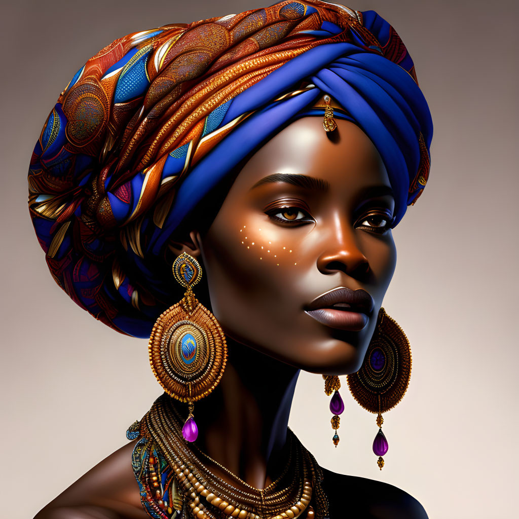 Colorful Woman Portrait with Blue and Orange Headwrap