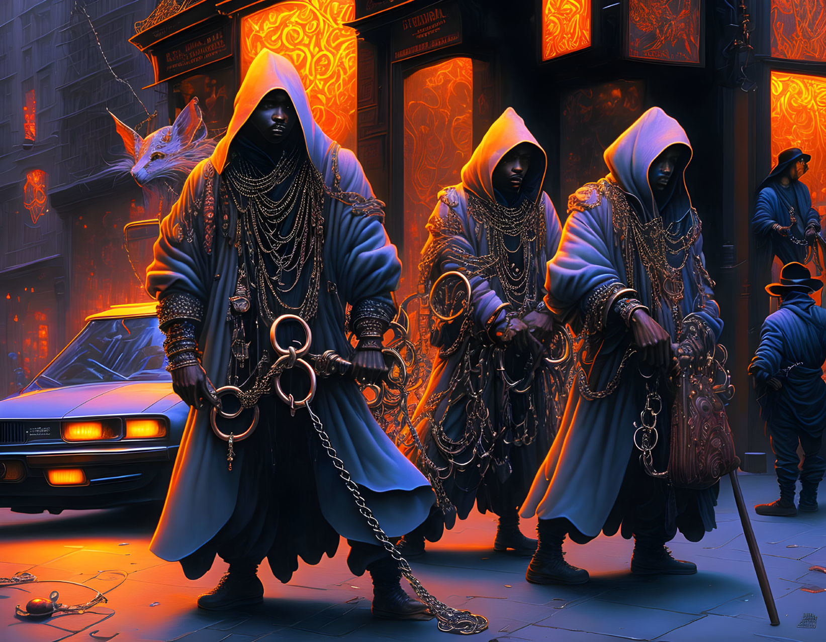 Three cloaked figures with chains in neon-lit futuristic street