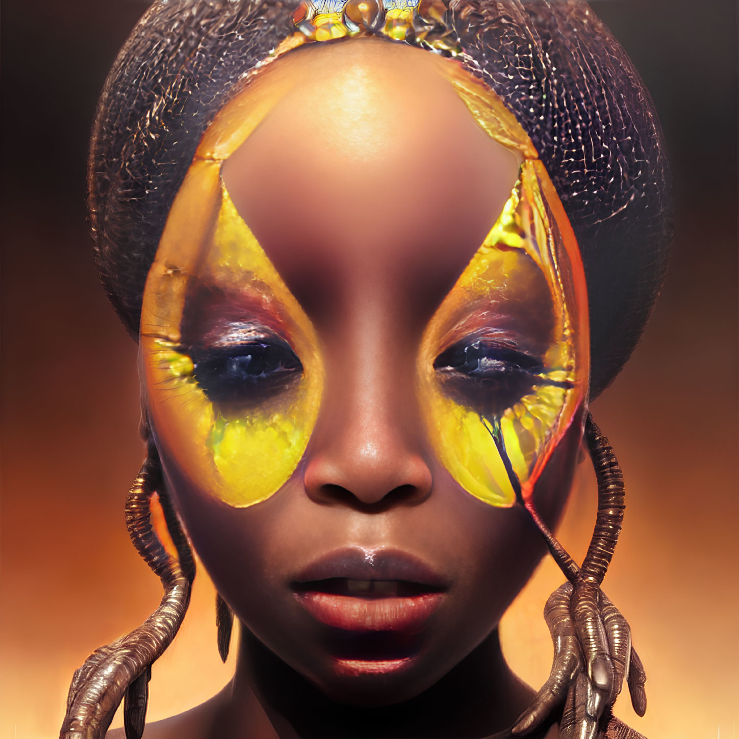 Digital artwork: Woman with butterfly wing patterns, golden headpiece, traditional earrings on amber backdrop