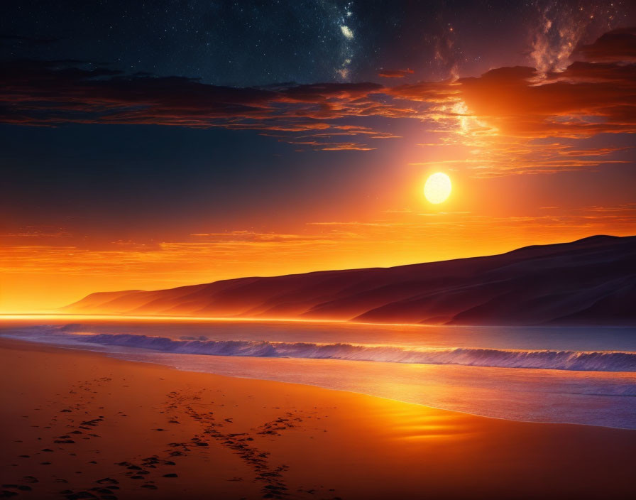 Scenic sunset beach with rolling dunes and starlit sky