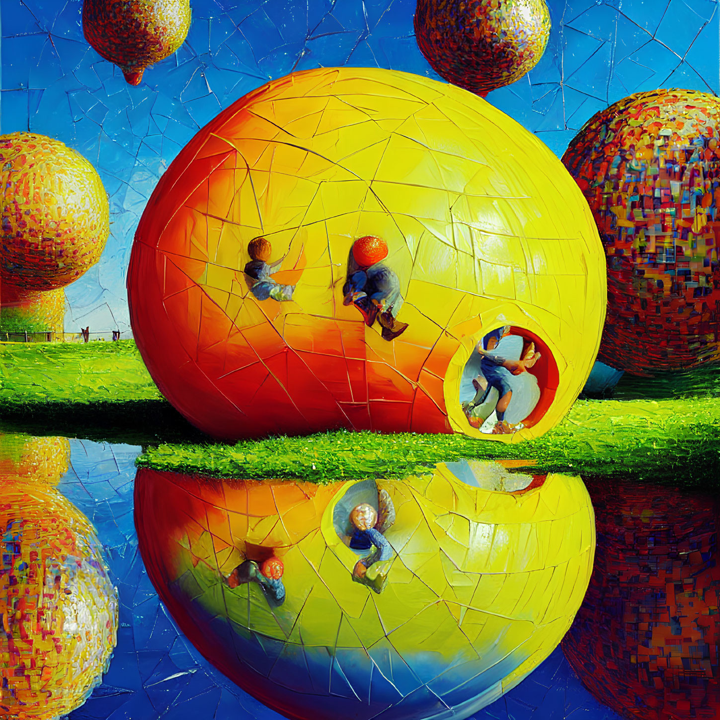 Vibrant mosaic textured spheres on shiny surface under blue sky