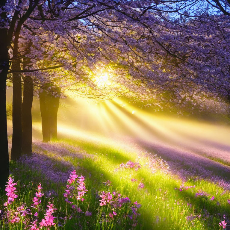 Sunlight through cherry blossoms on a misty meadow with pink flowers.