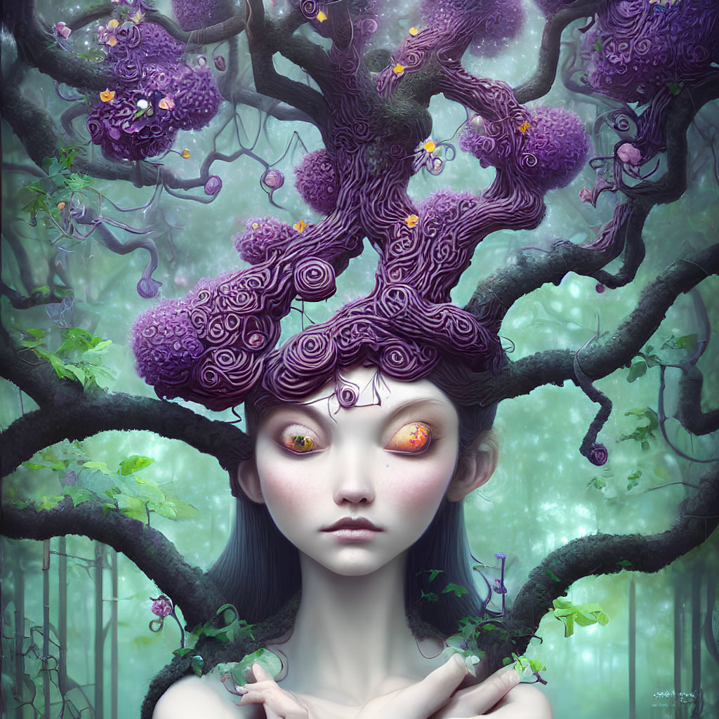 Fantastical female figure with purple tree-like hair in mystical forest