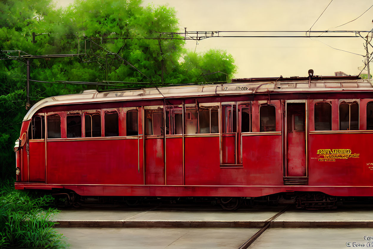 Vintage Red Tram in Greenery with Overhead Cables