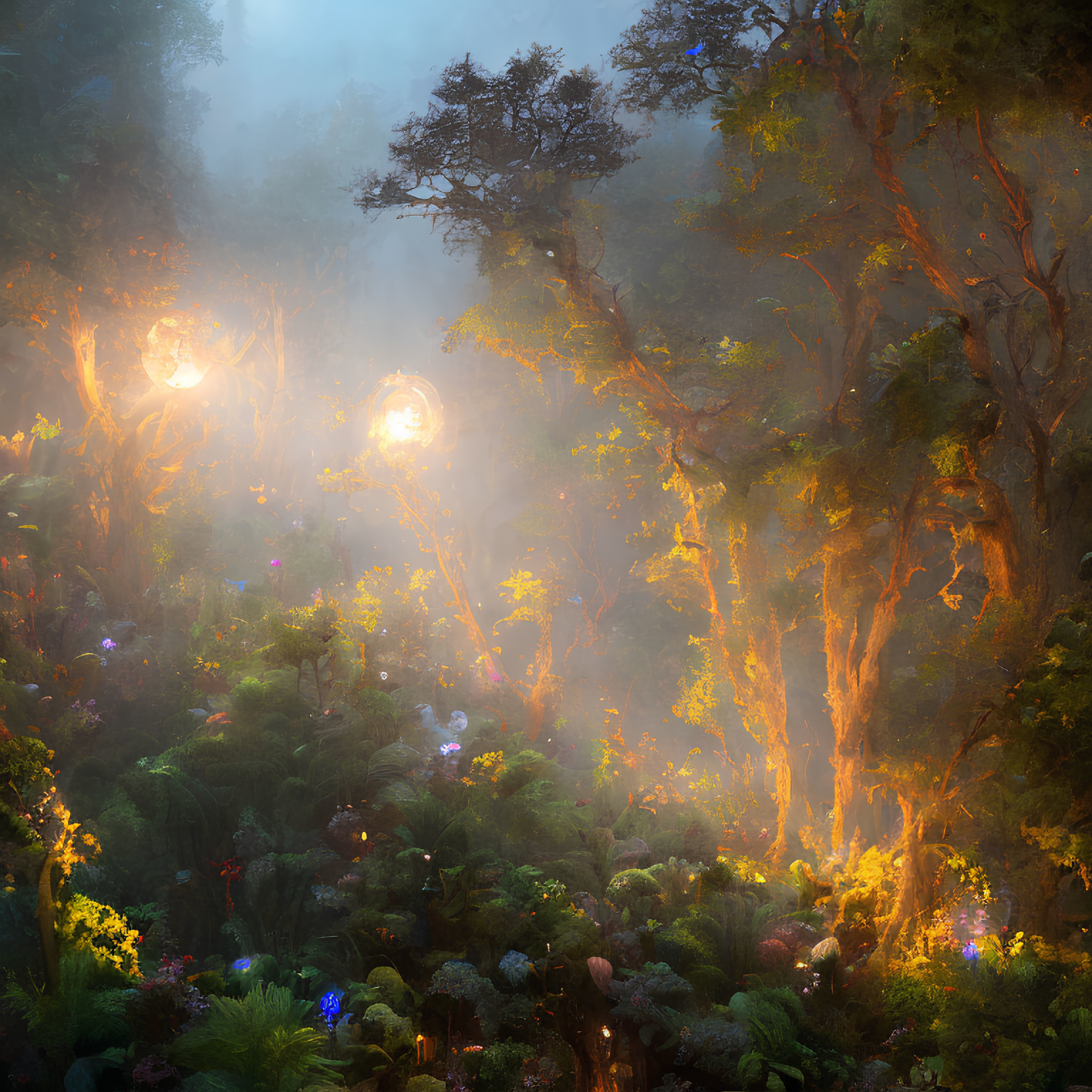 Mystical forest scene with sunlight piercing through fog