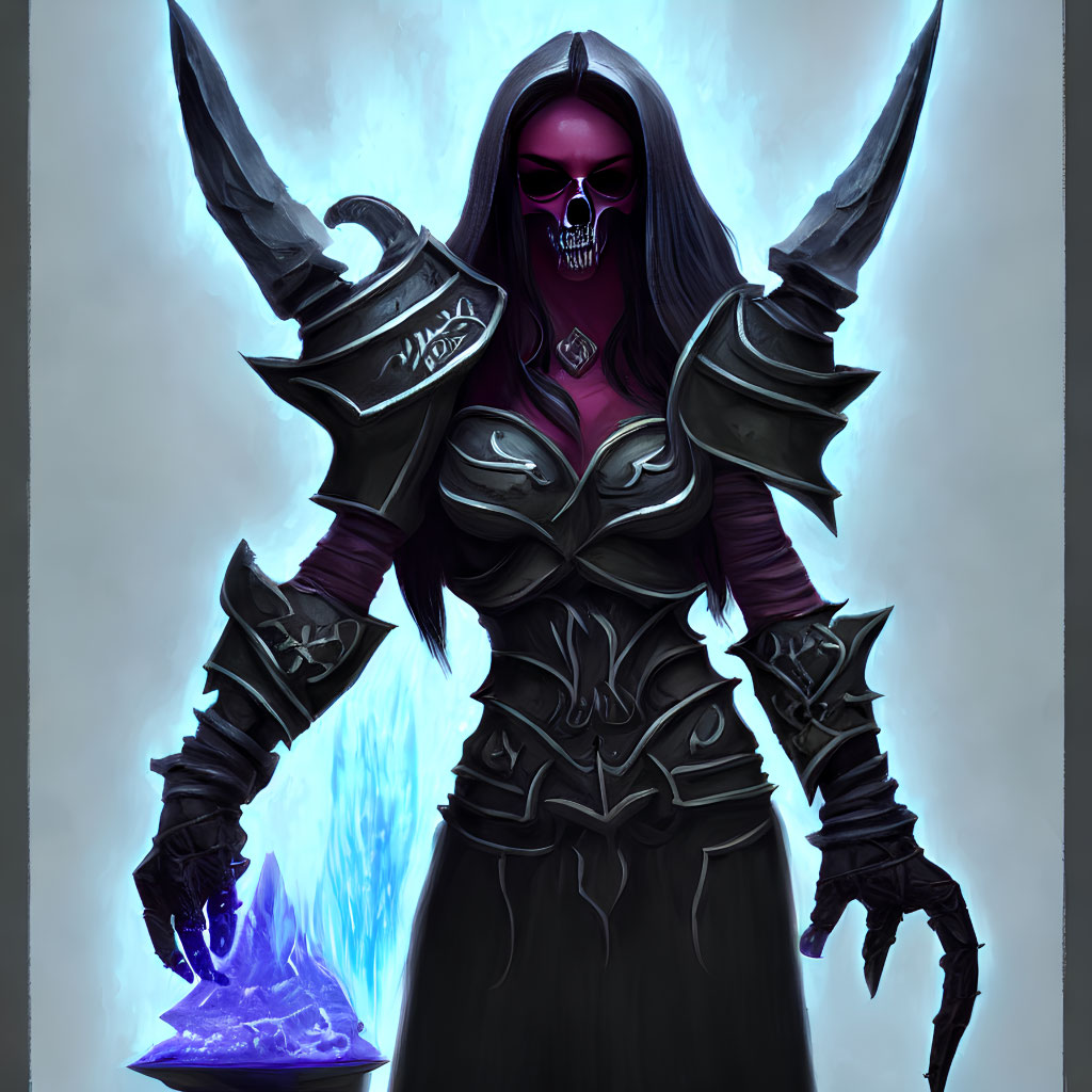 Dark-armored character with glowing purple accents and icy blue emanations