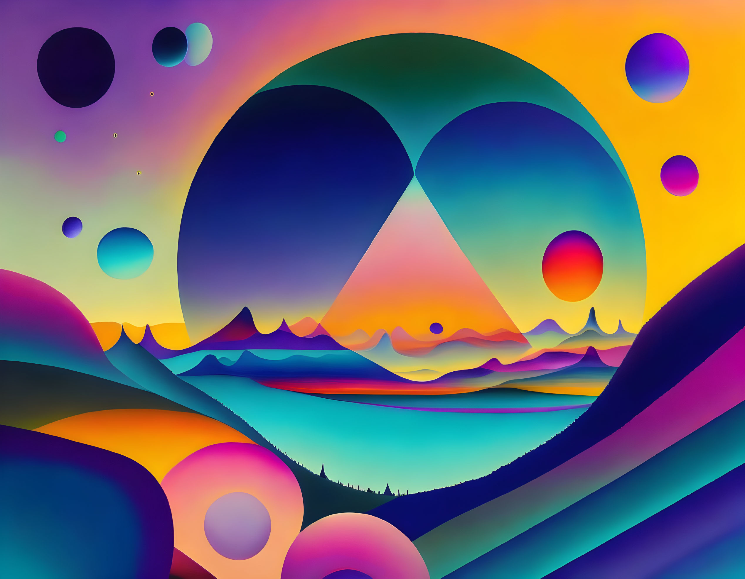 Abstract digital artwork: Fluid shapes, colorful spectrum, spherical objects in surreal landscape