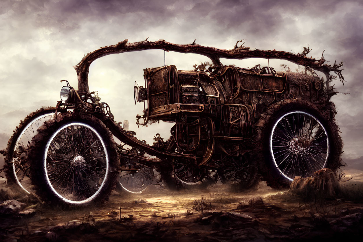 Intricately designed steampunk vehicle in barren landscape