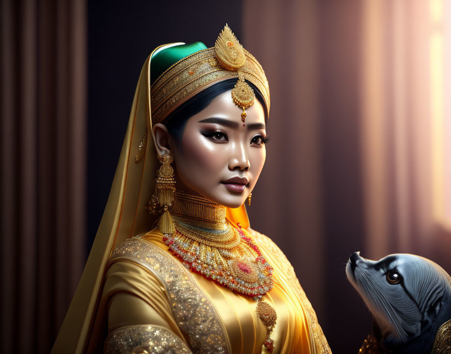 Luxurious Golden Traditional Attire Woman with Greyhound in Warm Illuminated Setting