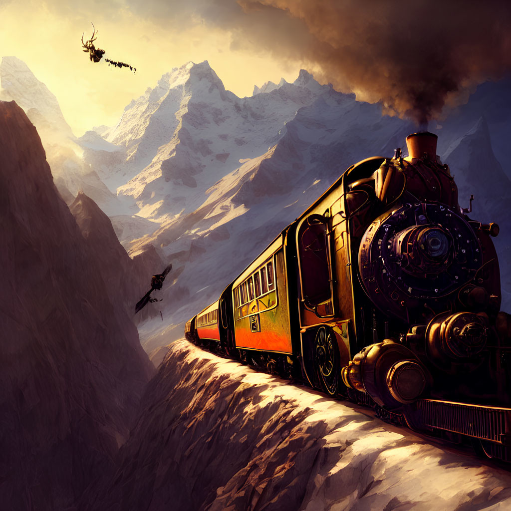 Steam train in mountainous landscape with witch, dragon at sunset