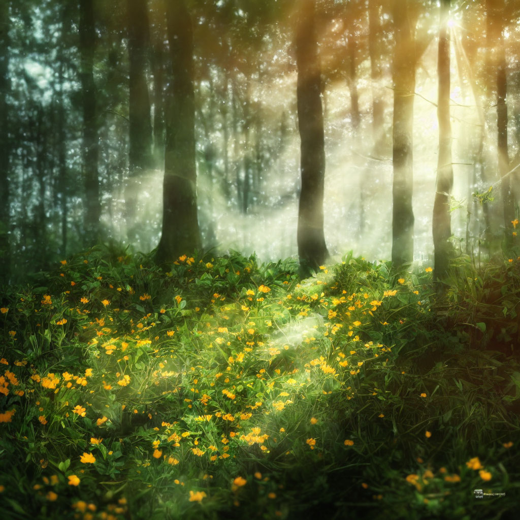 Sunlit enchanted forest glade with mist and wildflowers.