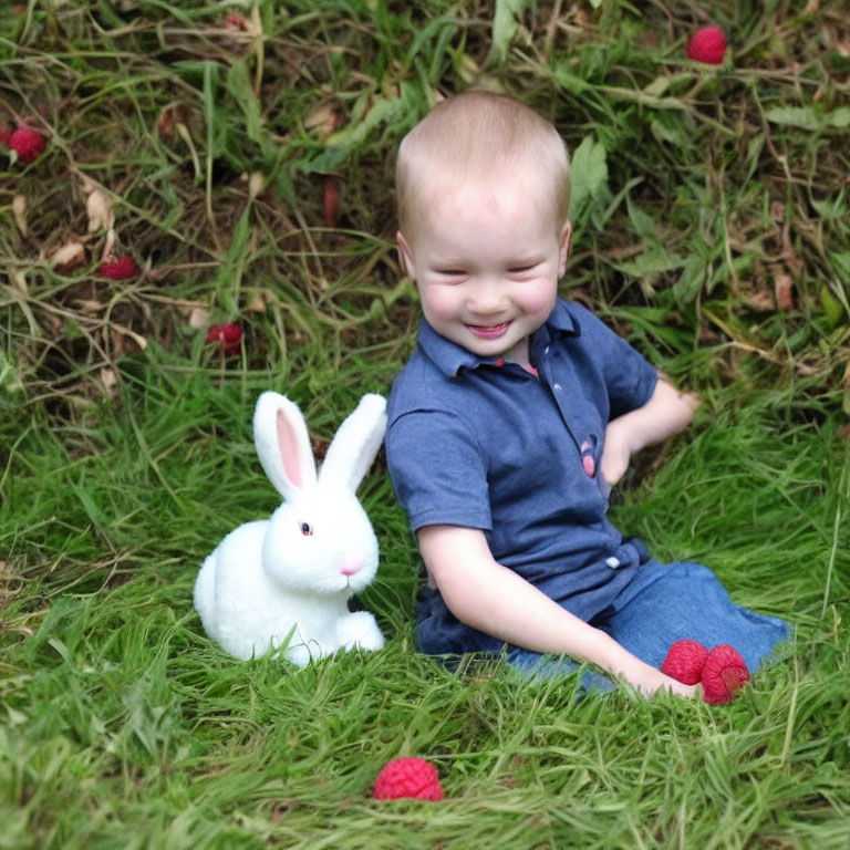 Smiling toddler with white plush rabbit on grassy field full of red raspberries