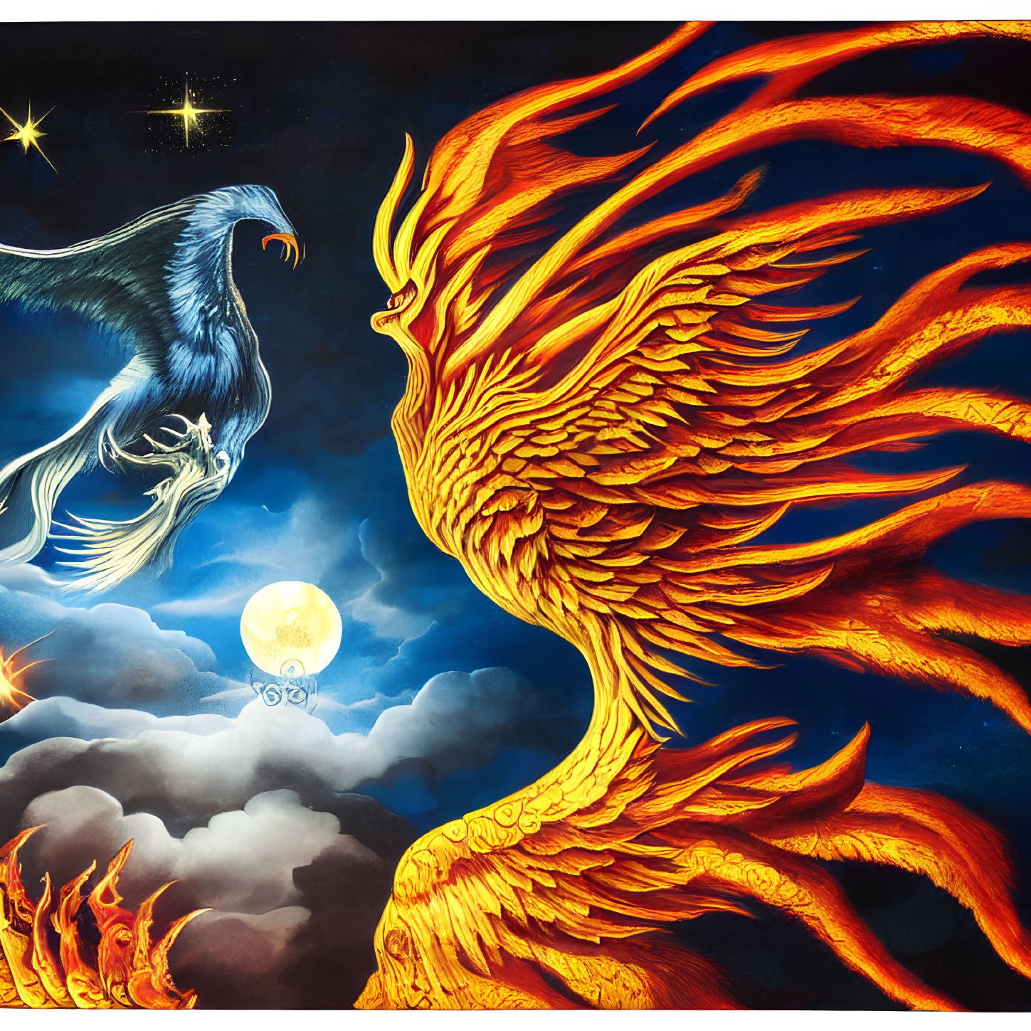 Colorful Phoenix and Raven Artwork in Night Sky