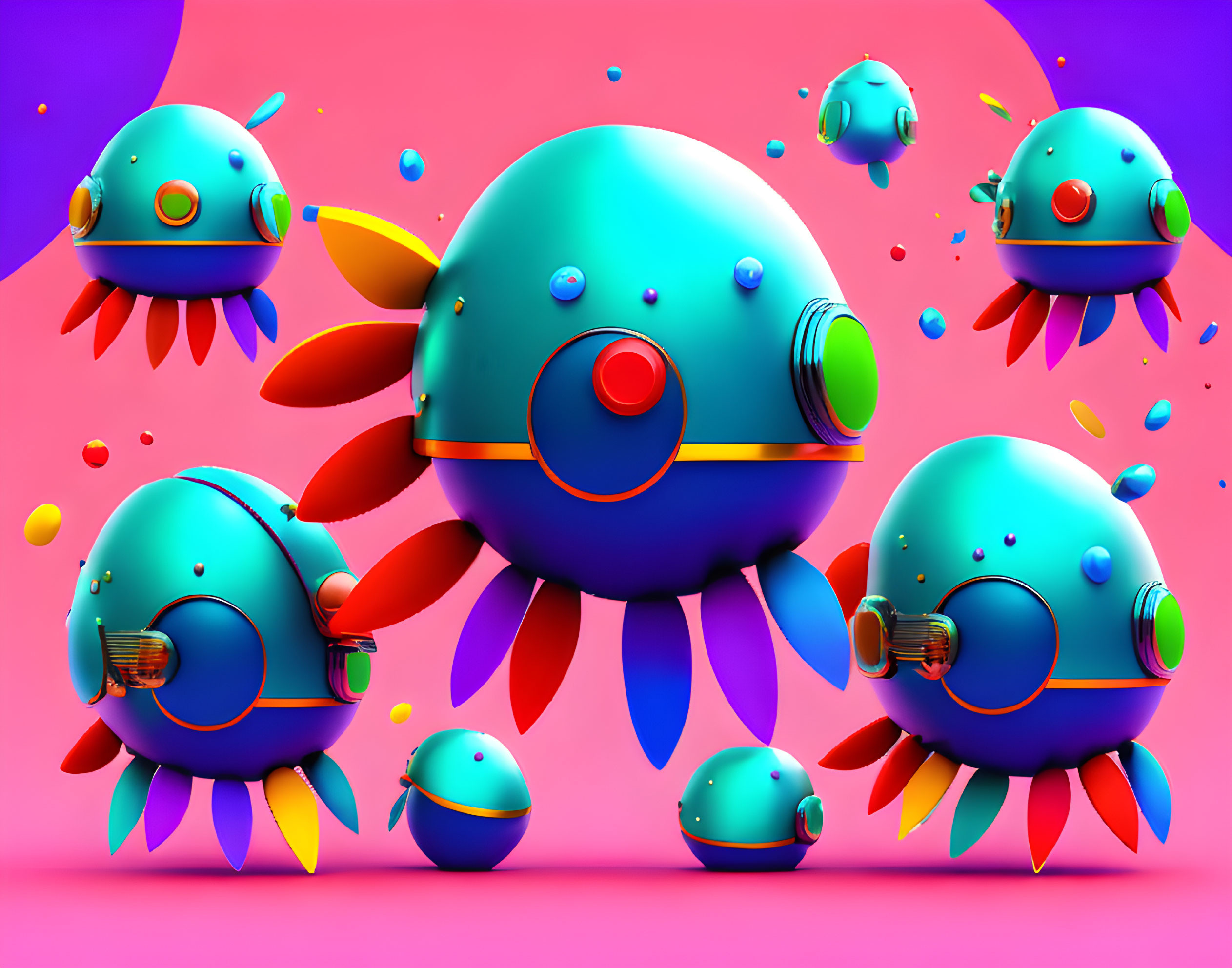 Vibrant 3D Illustration of Futuristic Spherical Robots on Dynamic Background