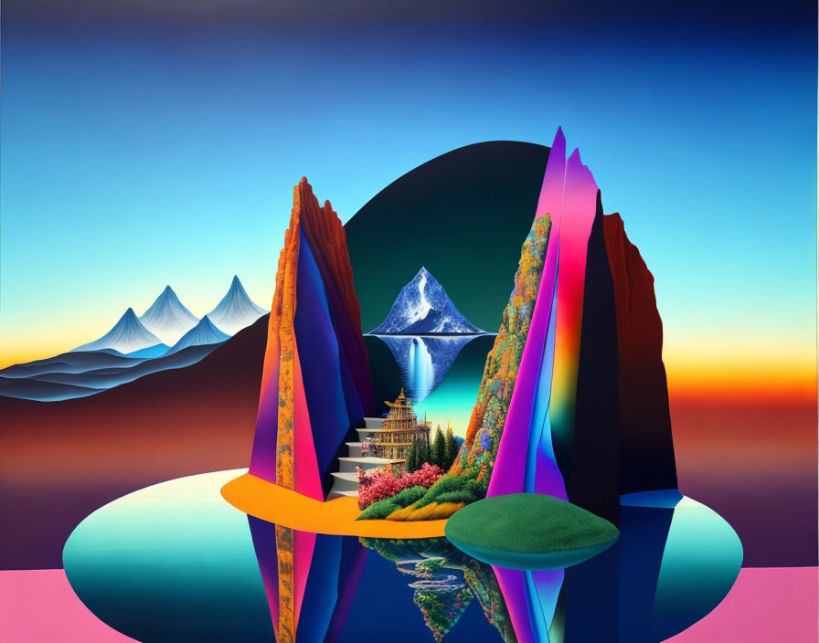 Colorful Surreal Landscape with Rock Formations, Floating Islands, Pagoda, Lake, and Mountain