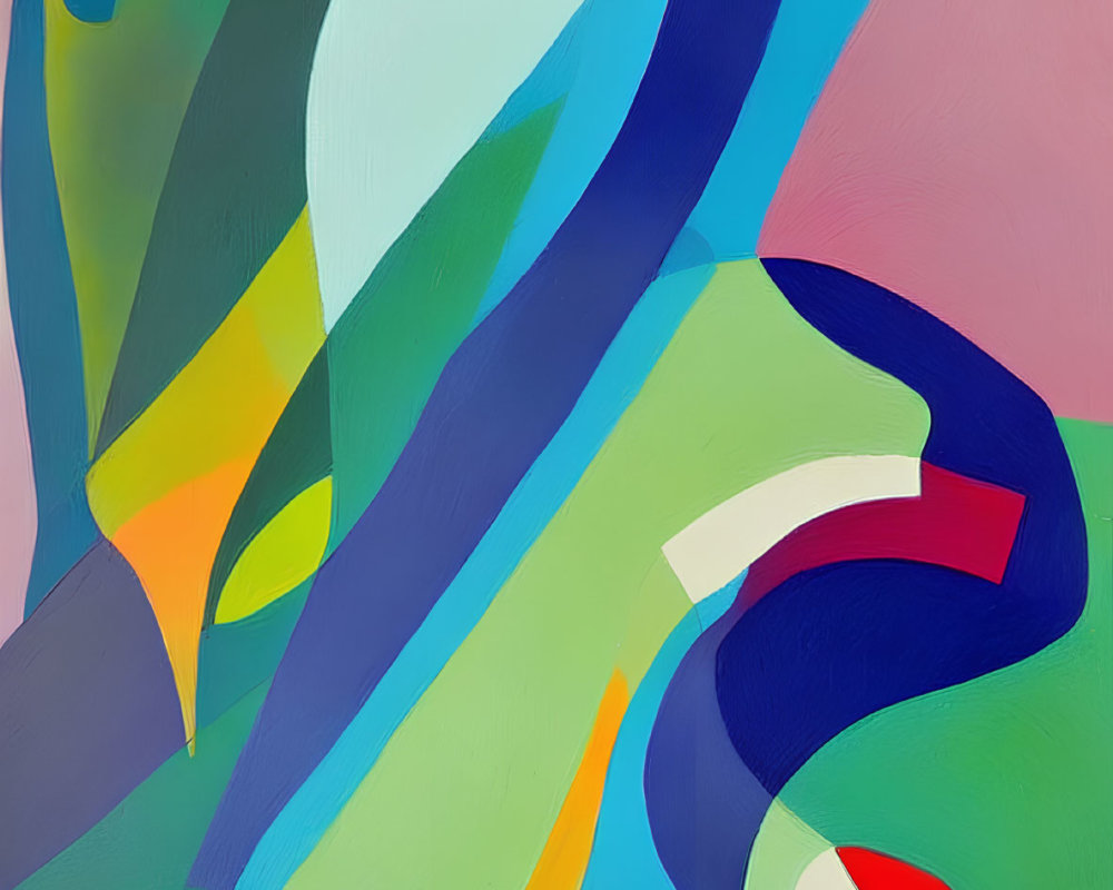 Vibrant Abstract Painting with Flowing Curved Shapes in Blues, Greens, Yellows,