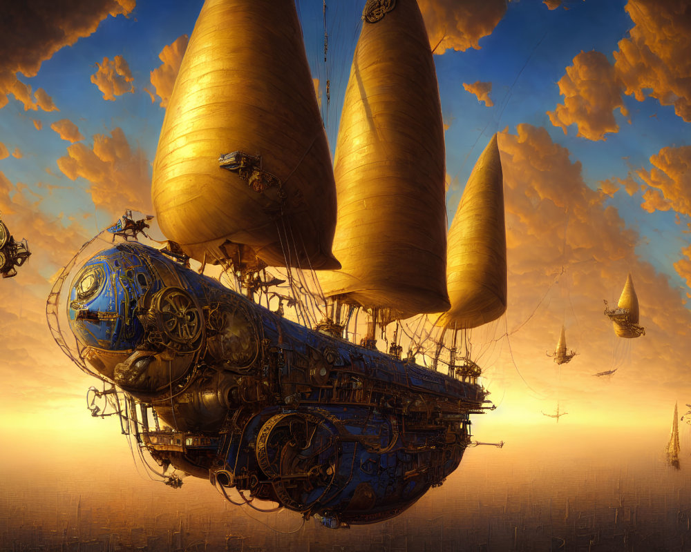 Steampunk airship with golden sails in dreamlike sunset sky