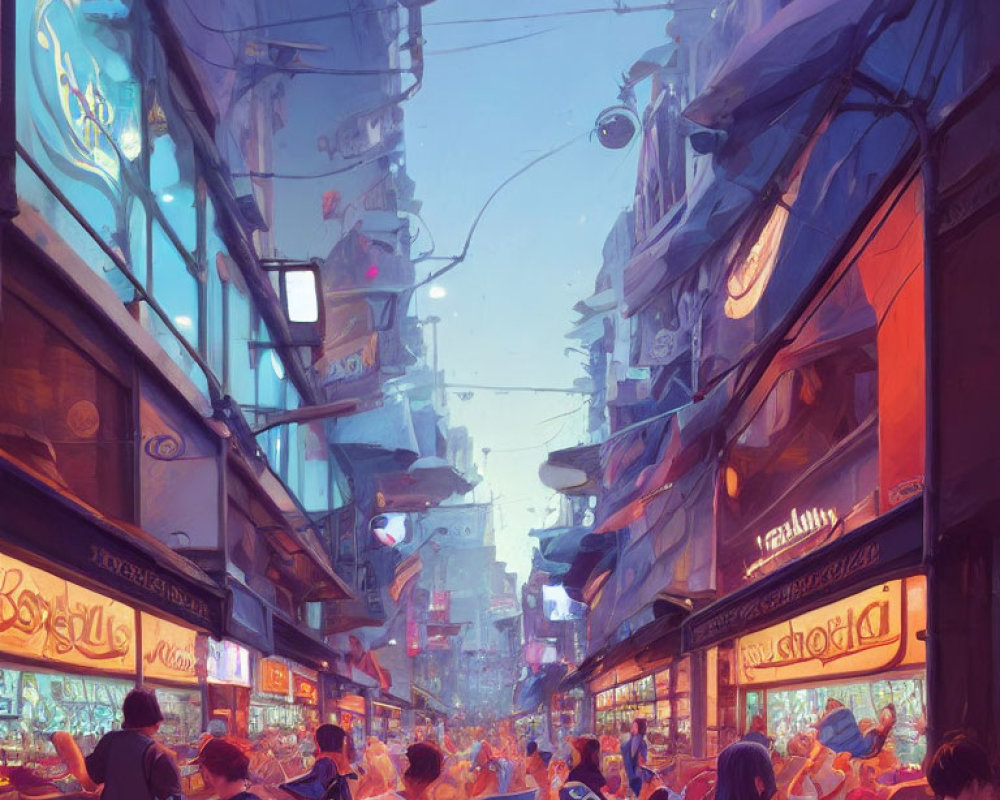 Vibrant futuristic marketplace with neon signs and crowded streets