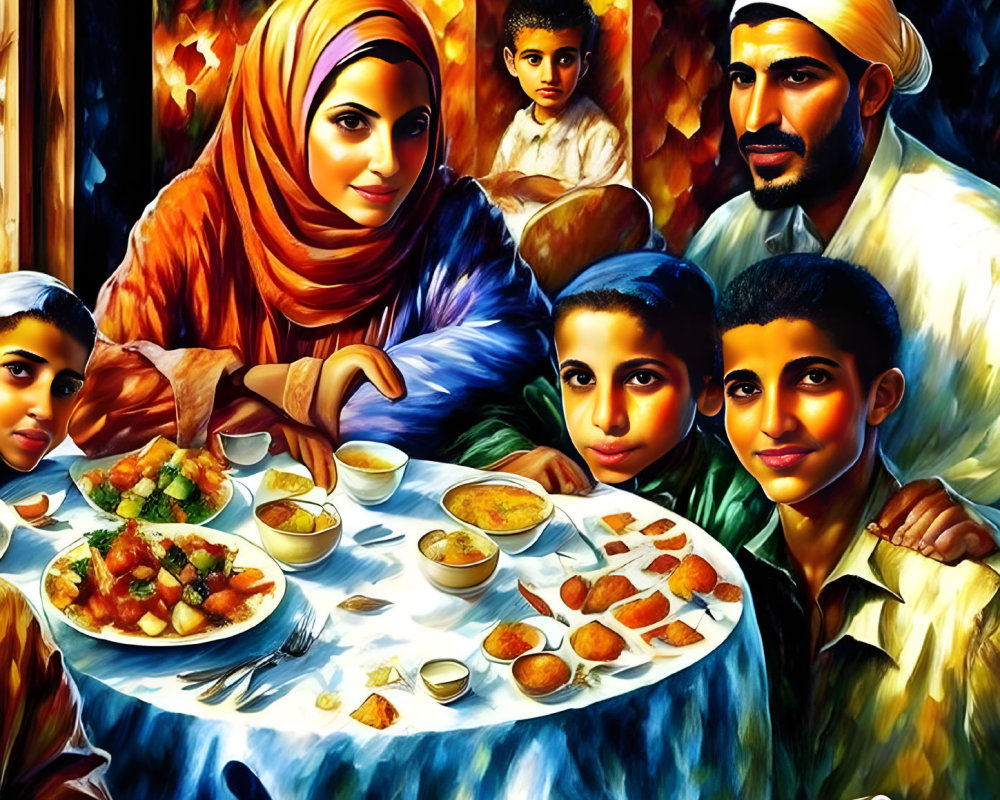 Colorful Middle Eastern family enjoying meal together in vibrant painting