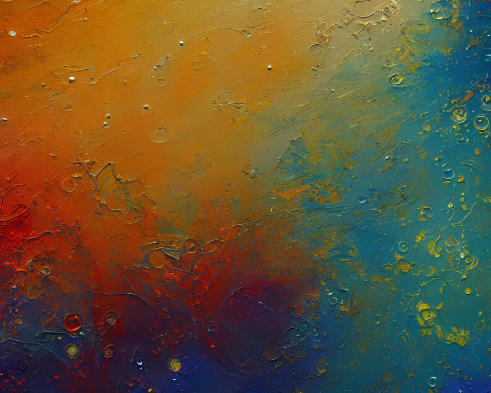 Vibrant Abstract Painting with Textured Orange, Gold, Green, and Blue Hues