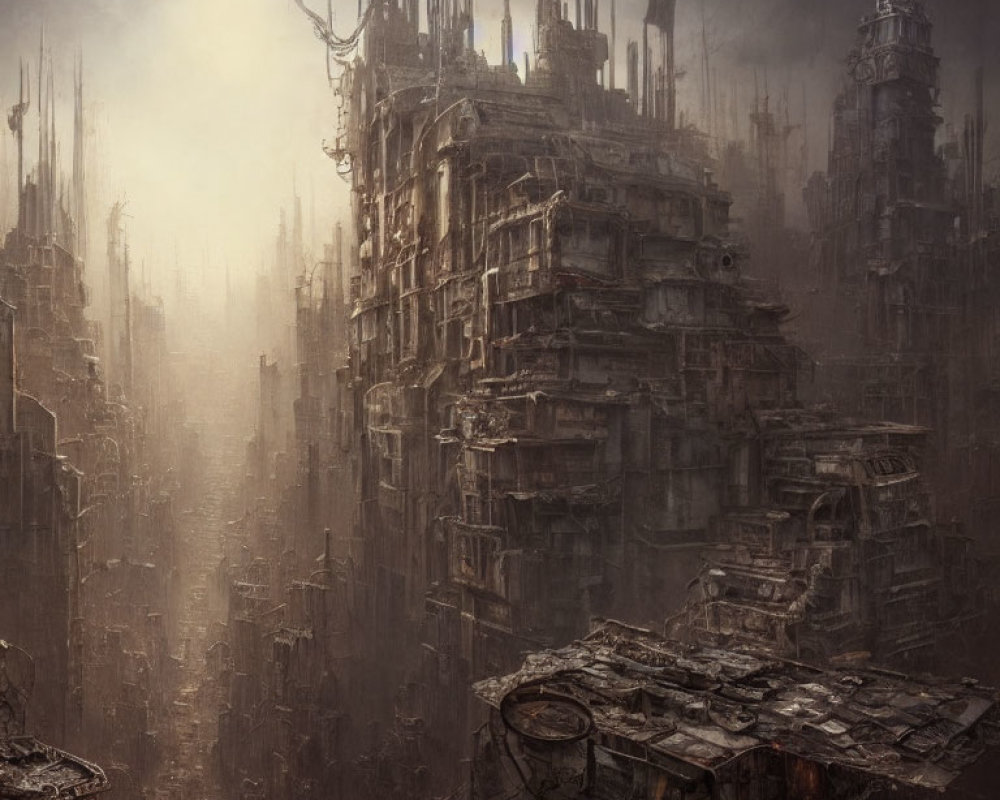 Dystopian cityscape with towering, decrepit structures in foggy, desolate environment