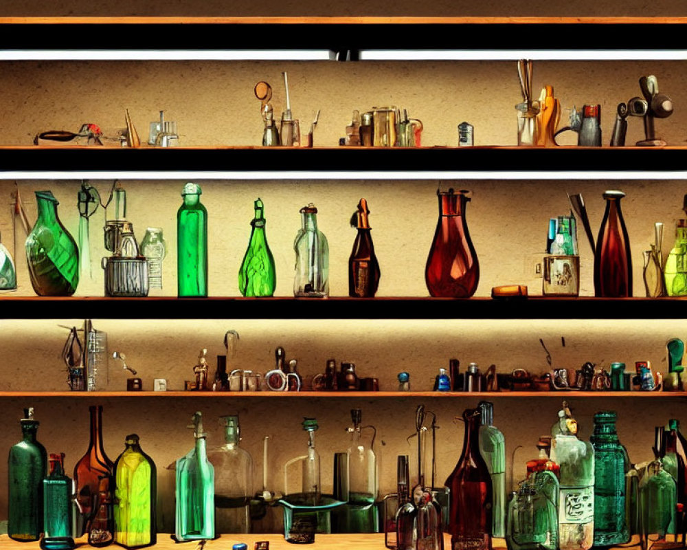 Assorted colorful glass bottles on wooden shelves