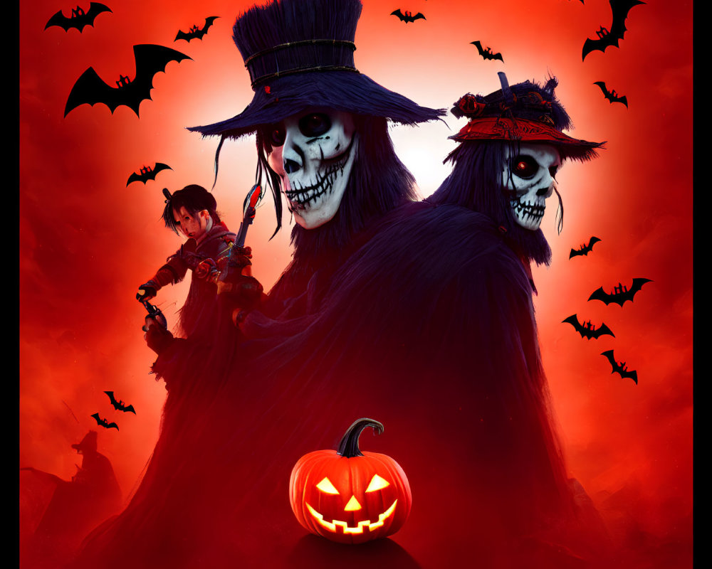 Spooky Halloween-themed image with grinning skeletal figures, jack-o'-lantern, bats, and