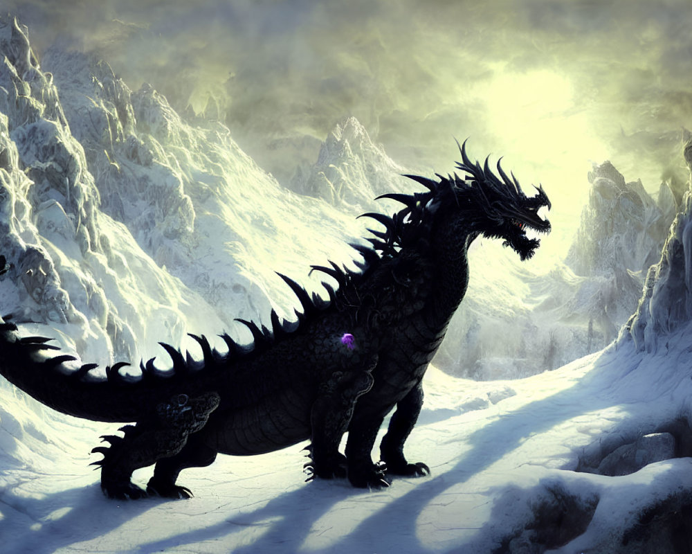 Majestic black dragon with glowing orb in snowy mountain landscape