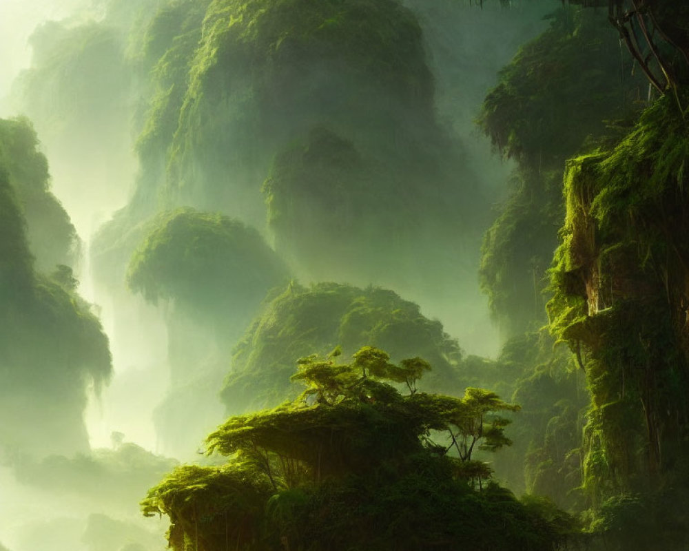 Verdant Foliage and Limestone Cliffs in Mystical Jungle