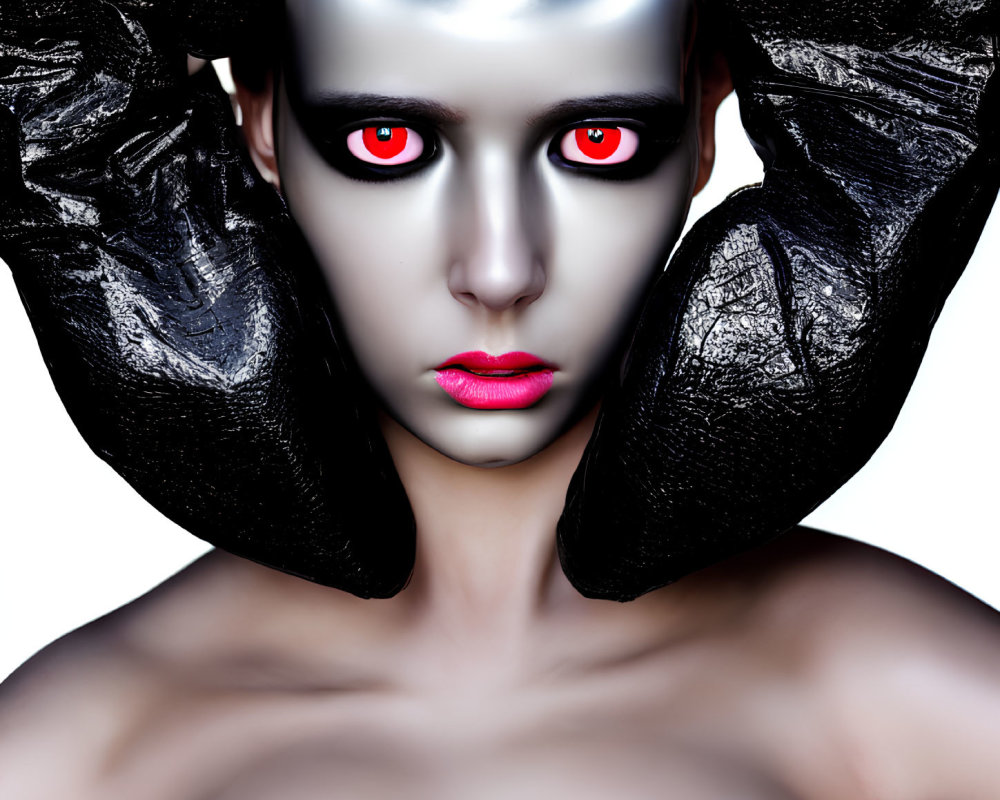 Artistic makeup: silver face, black glossy elements, red eyes, pink lips on white background