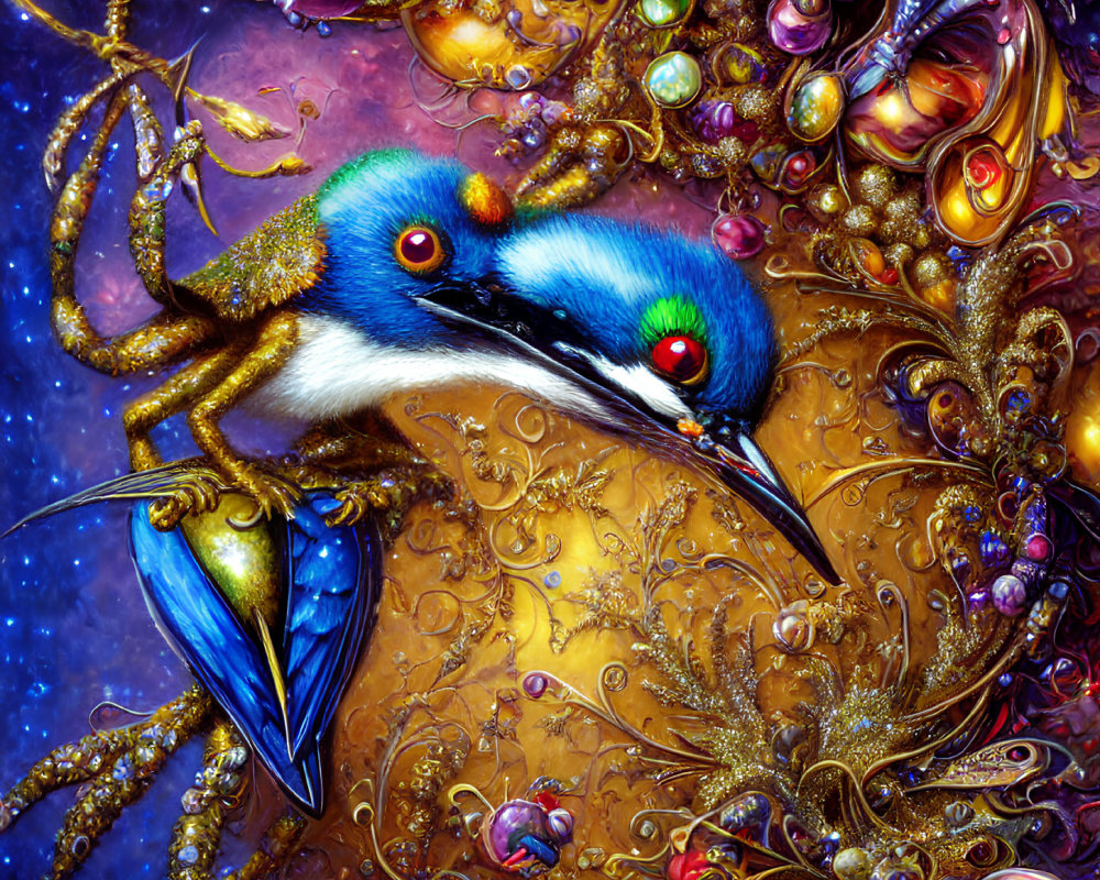 Colorful artwork of ornate bird with gem-like eyes in intricate golden setting